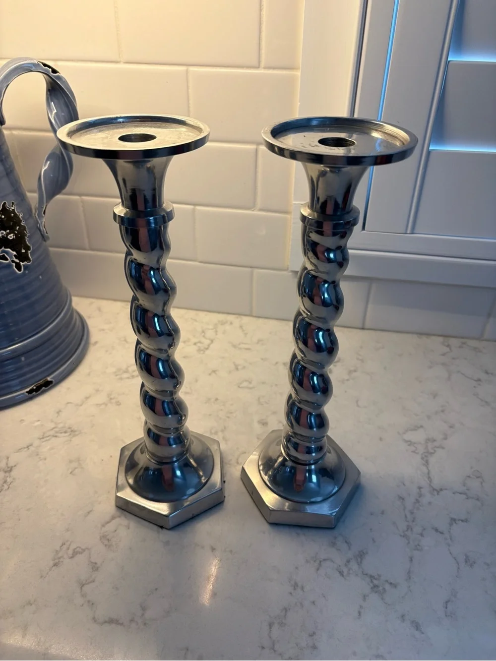 Aluminum Spiral Twist Candlestick Holders - for tapers or pillars Silver Pair